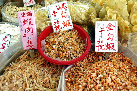 dryed shrimps and fish on sale at Hong Kong, China