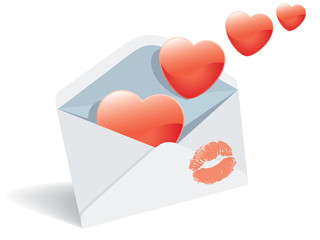 Love mail, envelope, hearts and lipstick print.