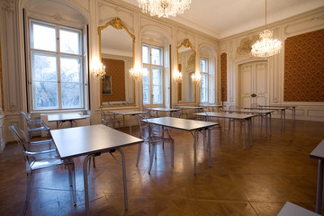 empty classroom in the castle with glass seats