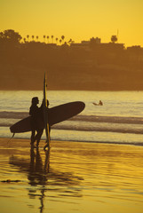 Surfers at sunset