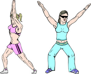 Two poses of aerobic girl in vector illustration