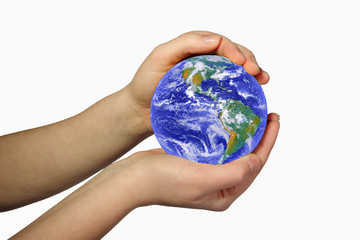 earth in woman's hands on white background