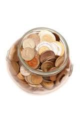 Glass jar full of coins.