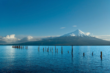 Snow peeked volcano, Chile, view from the lake