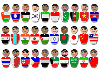 Representative people from Asia dressed in their national flags