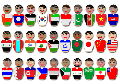 Representative people from Asia dressed in their national flags