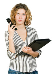Young beautiful  businesswoman  with  folder and telephone on wh