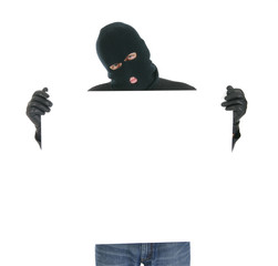 Masked criminal holding a sign - Your message here