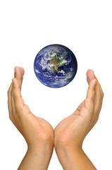 Hands holding planet isolated in white