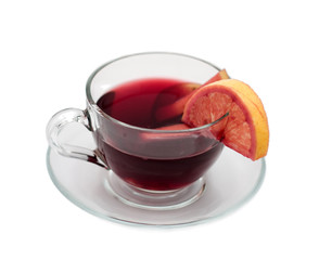 clear cup with mulled wine with lemon