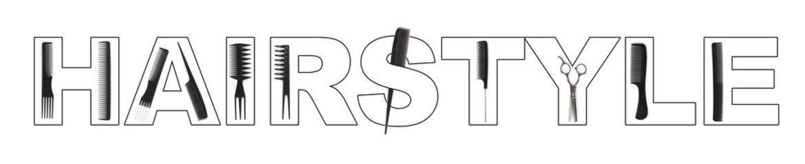 hairstyle concept, combs used to write HAIRSTYLE