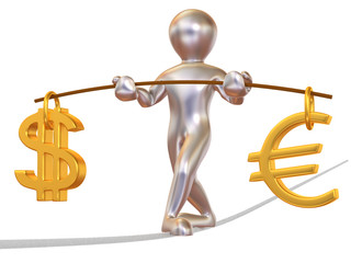 Man walking on a rope. Balance of dollar and euro