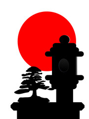 Bonsai and stone lantern silhouette with red sun