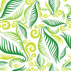 Seamless green floral pattern with twirled fern leafs