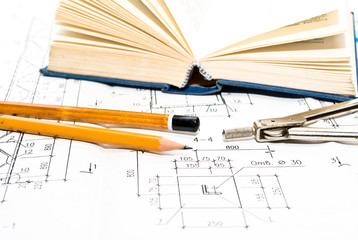 Professional architecture drawings and working tools..