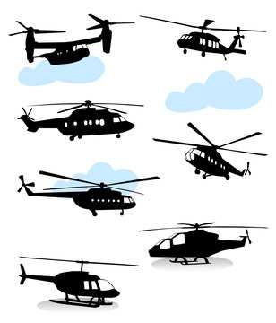 Collection of silhouettes of various helicopter