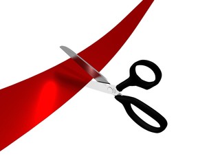 Scissors cutting a red ribbon