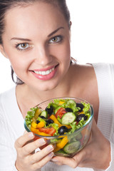 Woman with vegetable salad, isolated on white