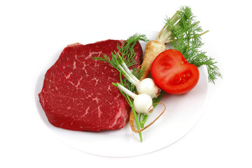 red raw beef on white dish