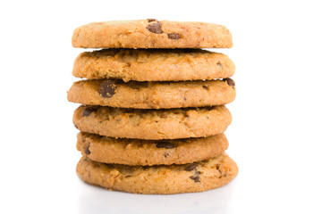 Pile of chocolate chip cookies isolated on white background