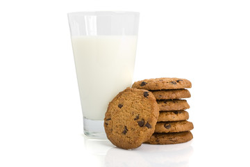 Chocolate chip cookies and a glass of milk isolated on white