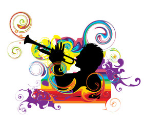 Illustration arc-en-ciel tourbillonnant avec trompettiste