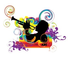 Papier Peint photo Lavable Groupe de musique Illustration arc-en-ciel tourbillonnant avec trompettiste