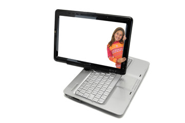 Notebook with girl isolated against a white background