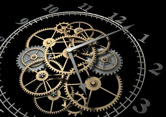 3d Clock with Cogs on Dark Background