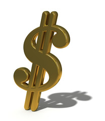 Golden dollar sign with shadow isolated on white, 3d render