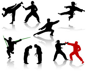 Silhouettes of people in positions of karate and taekwondo © Rey Kamensky