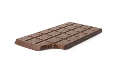 Bitten dark chocolate bar isolated on white background