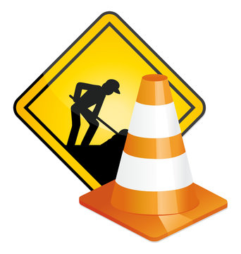 Traffic cone and construction sign