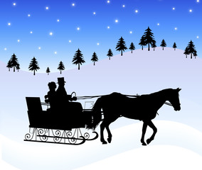 silhouette of couple in horse drawn sleigh