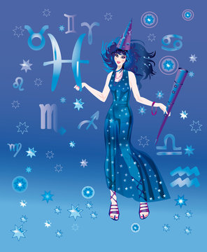 Girl-astrologer with sign of zodiac of Pisces character