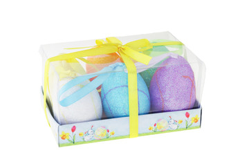 Colorful Easter eggs in a box