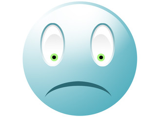 Sad cyan smiley with green eyes isolated on white