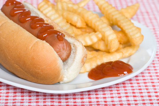 Close Up Of A Hotdog And French Fries With Ketchup