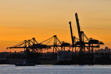 Obraz premium Industrial shipping crane at sunrise