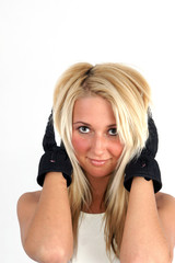 Young blond woman and black gloves.