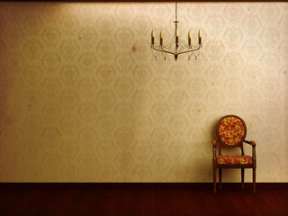 Vintage interior with old chair and simple chandelier.