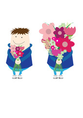 Boy holding huge bunch of flowers