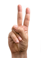 Hand Making Victory Gesture on White