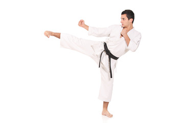 Karate man exercising against white background