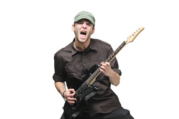 Fototapeta na wymiar Guitar player isolated against white background