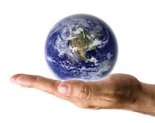 Male Hand Holding Earth on White