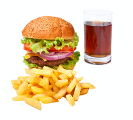 hamburger, fries and cola isolated on white background