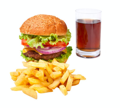 hamburger, fries and cola isolated on white background