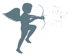 Cupid shoots bow and arrow isolated on white background