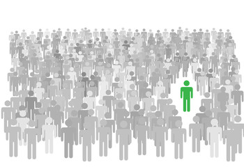 Individual person stands out from large crowd of symbol people